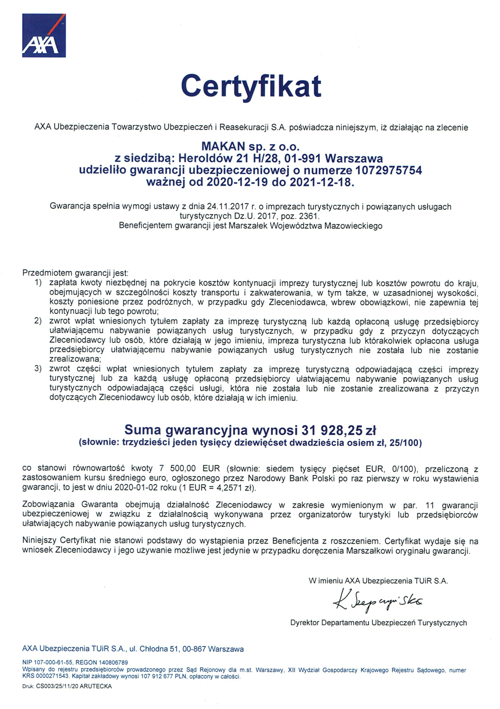 AXA Certyfikat 2021